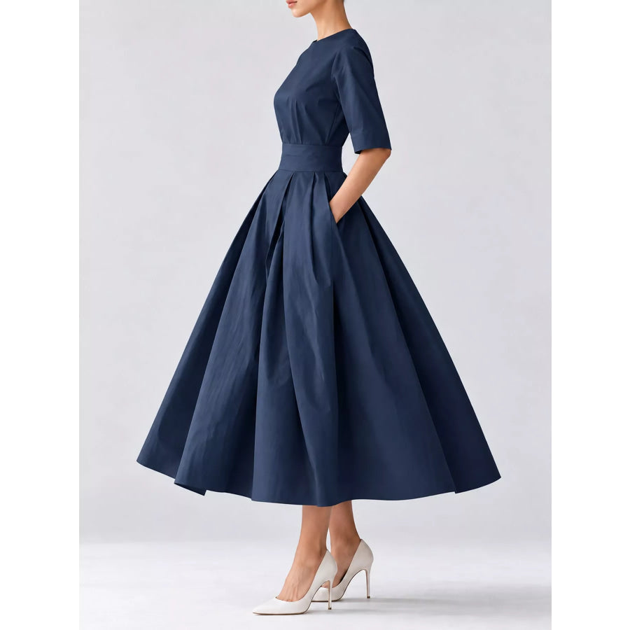 Round Neck Half Sleeve Pleated Dress Apparel and Accessories