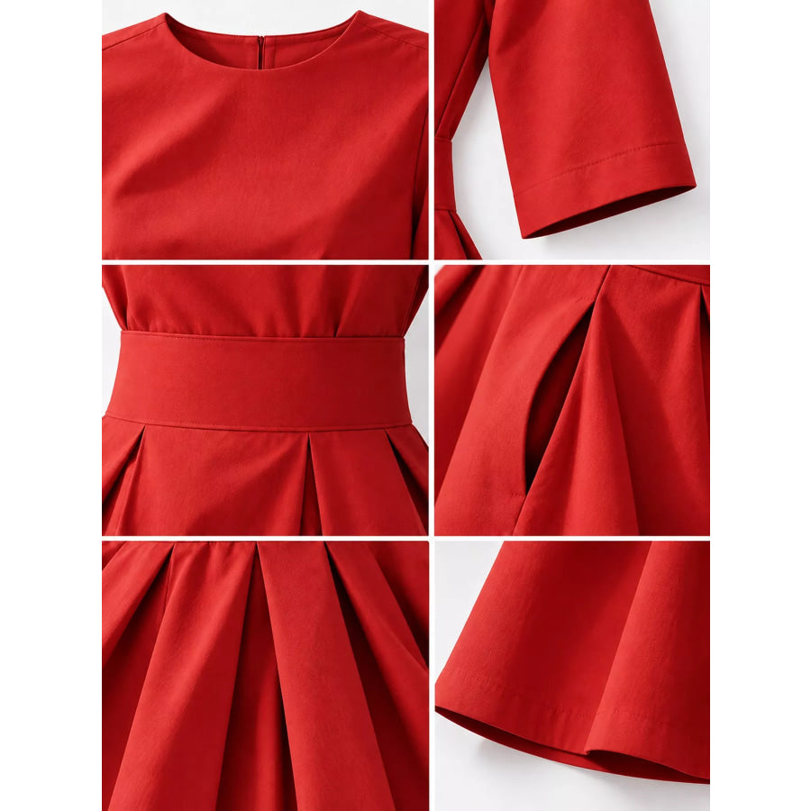 Round Neck Half Sleeve Pleated Dress Apparel and Accessories