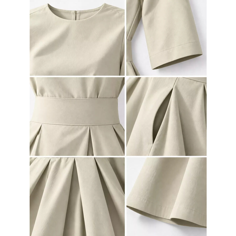 Round Neck Half Sleeve Pleated Dress Apparel and Accessories