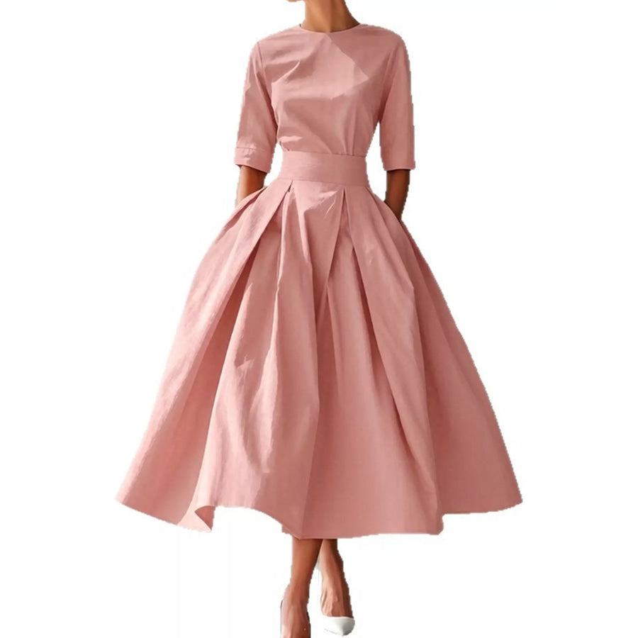 Round Neck Half Sleeve Pleated Dress Apparel and Accessories