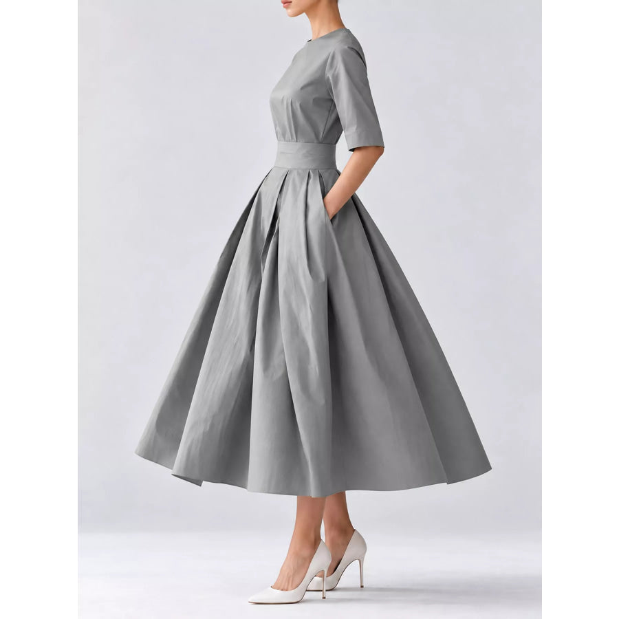 Round Neck Half Sleeve Pleated Dress Apparel and Accessories