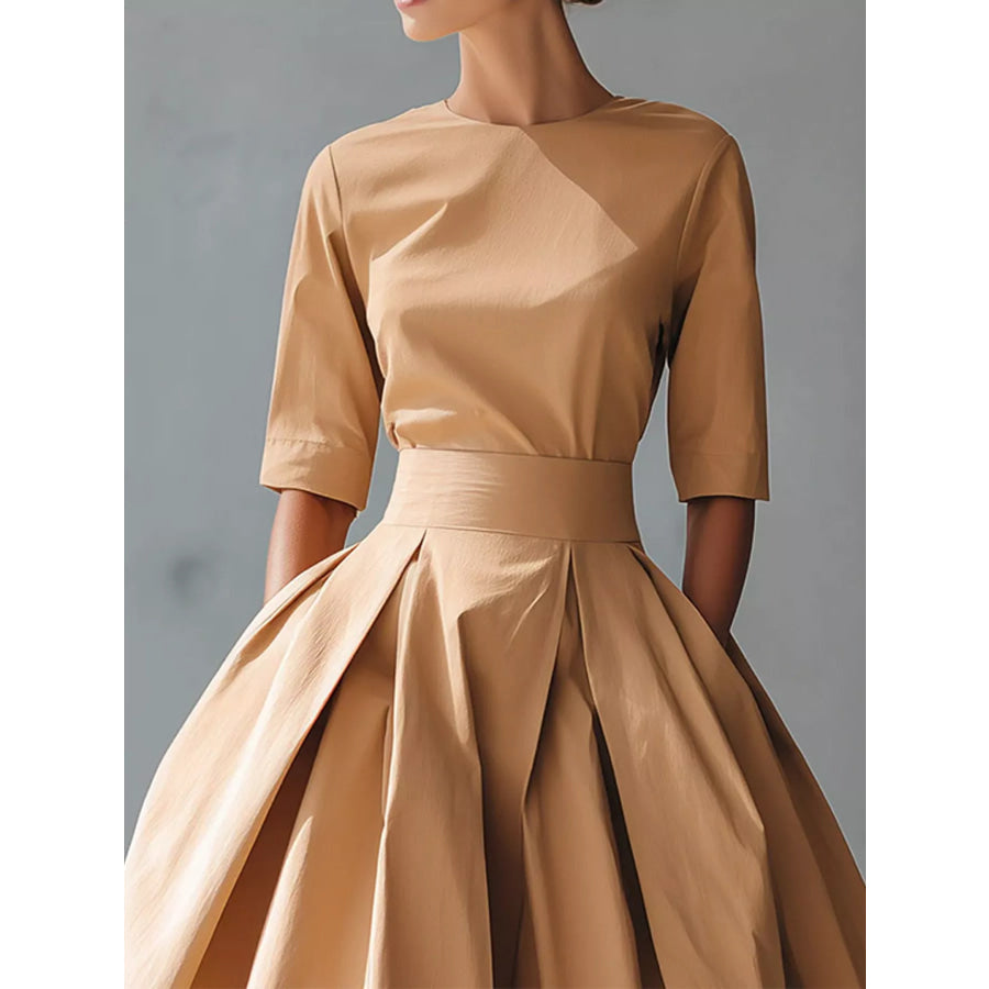 Round Neck Half Sleeve Pleated Dress Apparel and Accessories