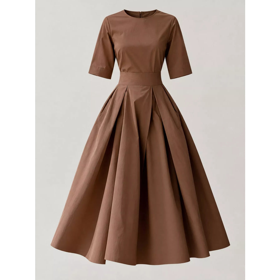 Round Neck Half Sleeve Pleated Dress Apparel and Accessories