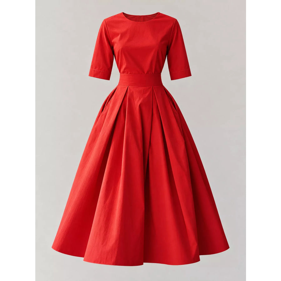 Round Neck Half Sleeve Pleated Dress Apparel and Accessories