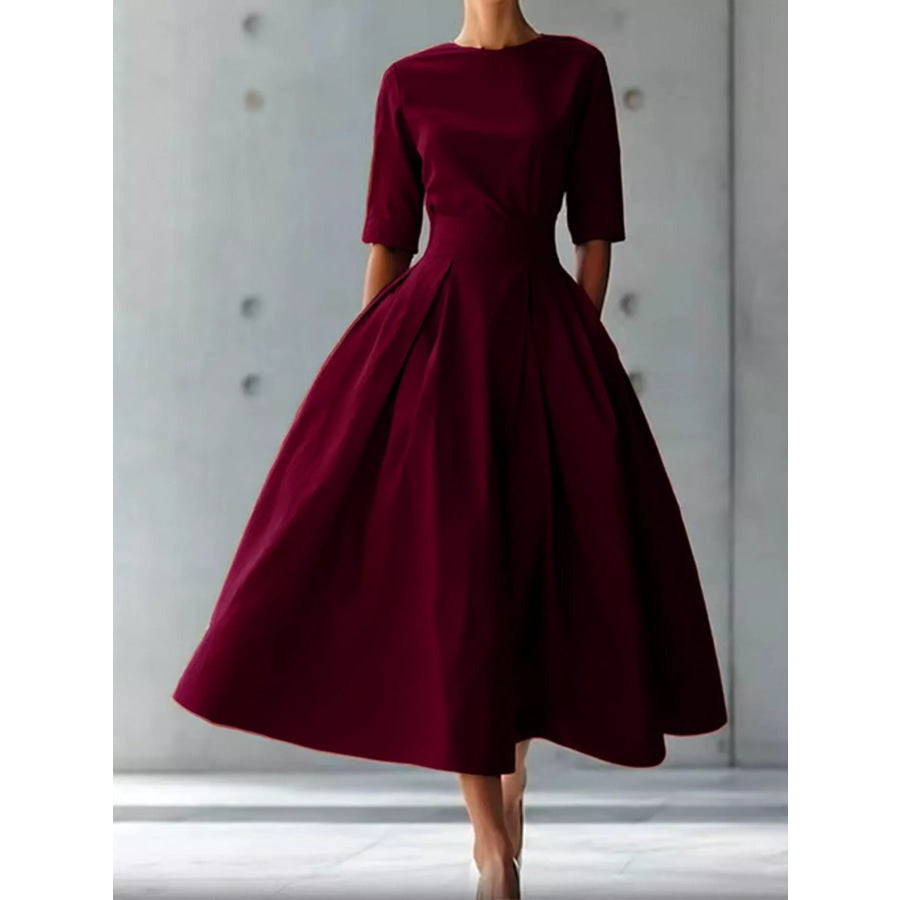 Round Neck Half Sleeve Pleated Dress Apparel and Accessories