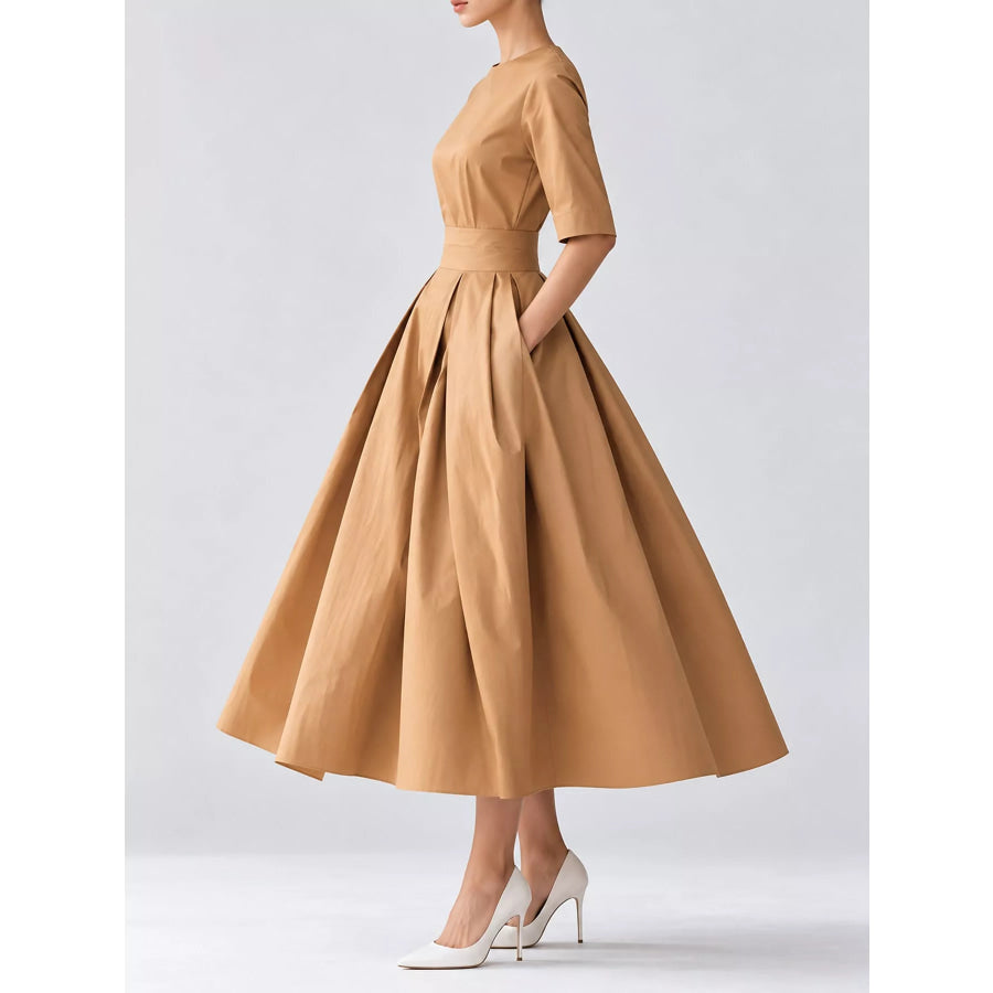 Round Neck Half Sleeve Pleated Dress Apparel and Accessories