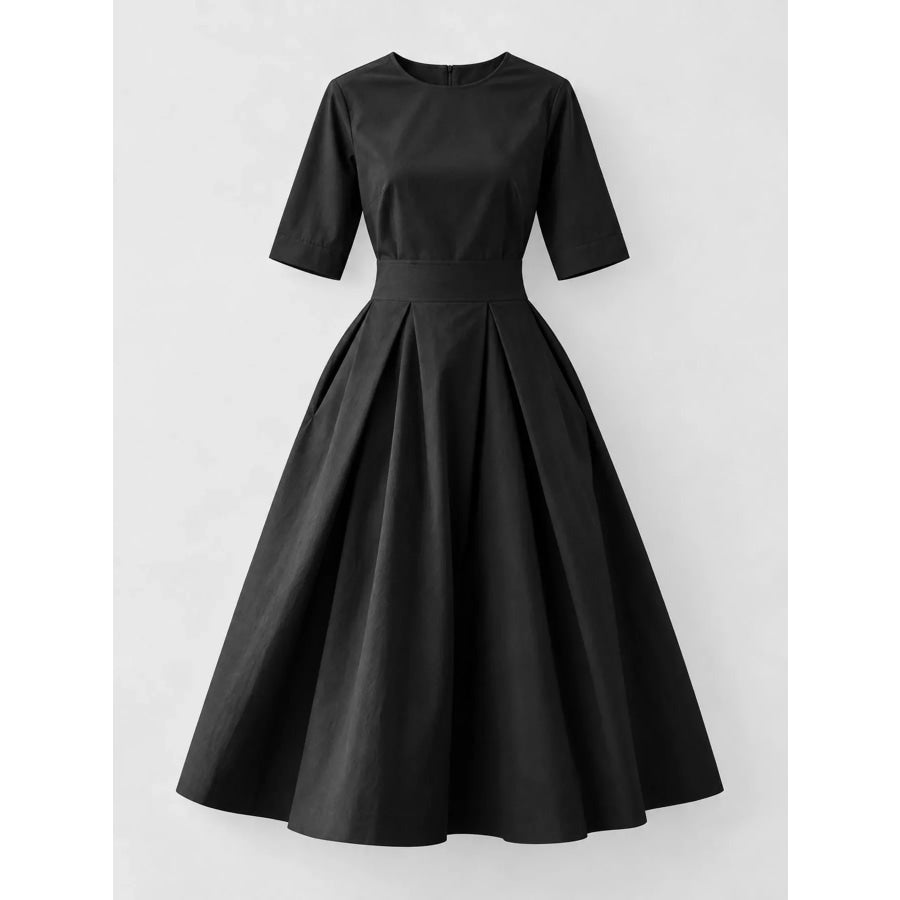 Round Neck Half Sleeve Pleated Dress Apparel and Accessories