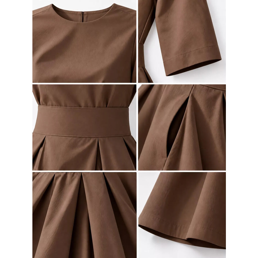 Round Neck Half Sleeve Pleated Dress Apparel and Accessories
