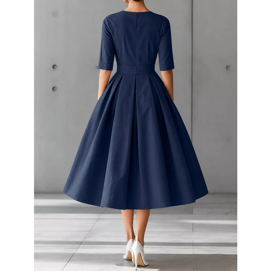 Round Neck Half Sleeve Pleated Dress Apparel and Accessories