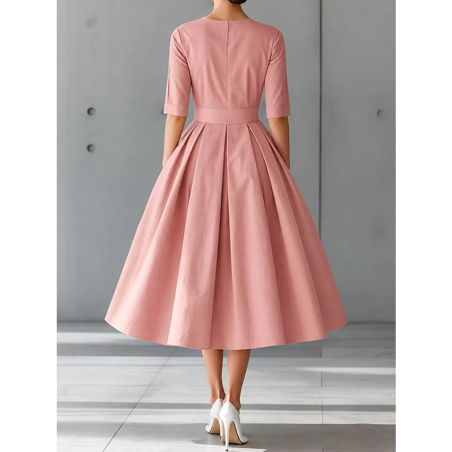 Round Neck Half Sleeve Pleated Dress Apparel and Accessories