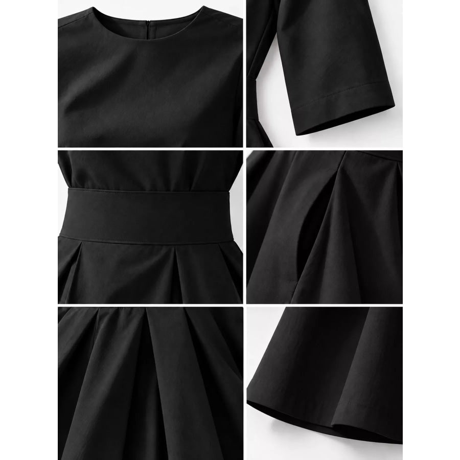 Round Neck Half Sleeve Pleated Dress Apparel and Accessories