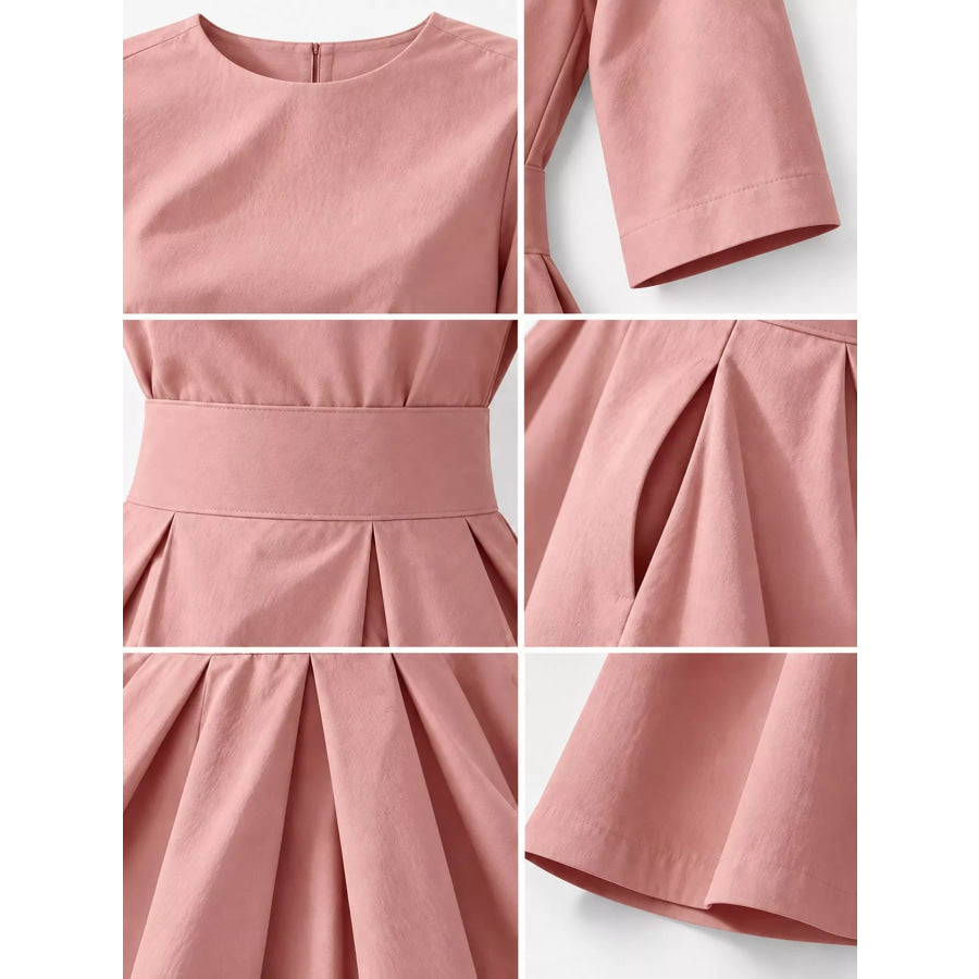 Round Neck Half Sleeve Pleated Dress Apparel and Accessories