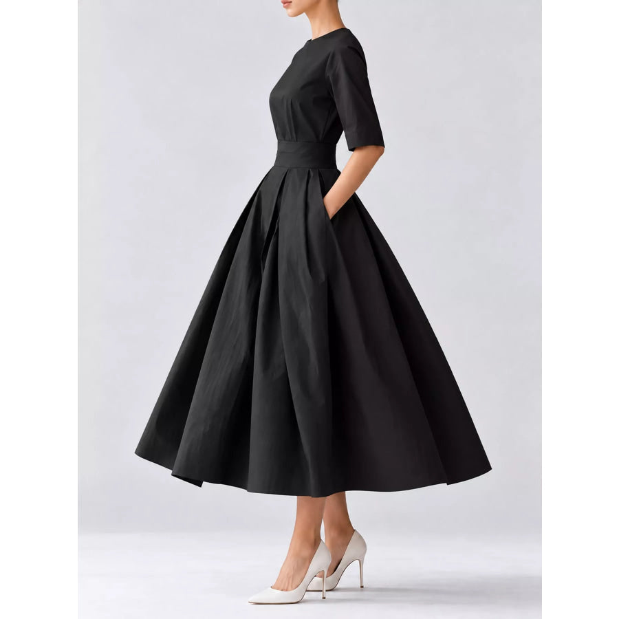 Round Neck Half Sleeve Pleated Dress Apparel and Accessories