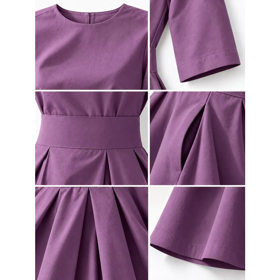 Round Neck Half Sleeve Pleated Dress Apparel and Accessories
