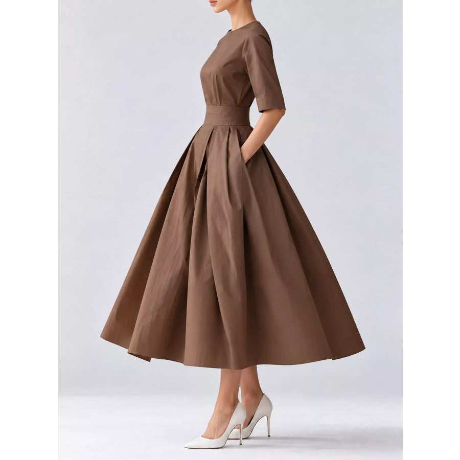Round Neck Half Sleeve Pleated Dress Apparel and Accessories