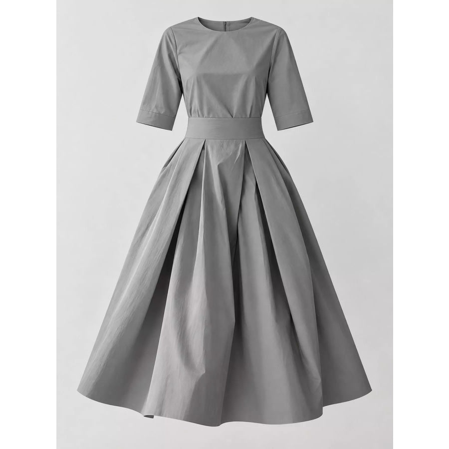Round Neck Half Sleeve Pleated Dress Apparel and Accessories