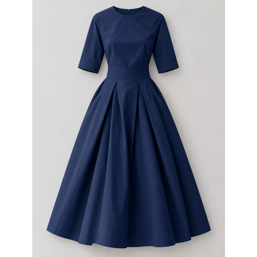 Round Neck Half Sleeve Pleated Dress Apparel and Accessories
