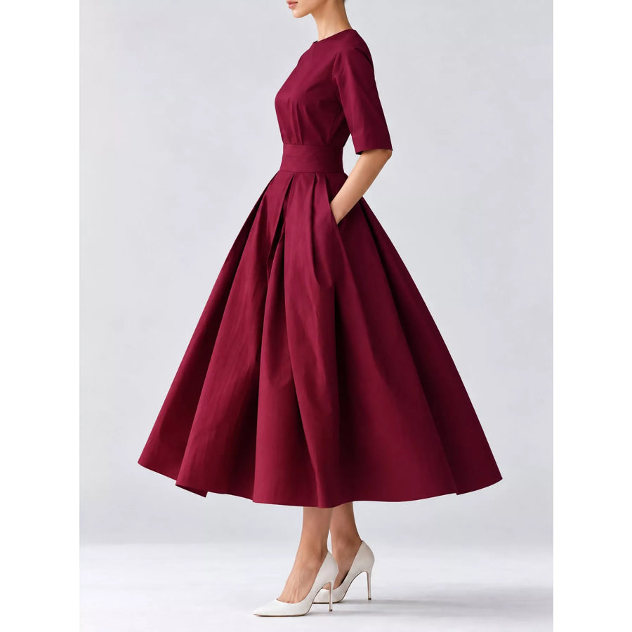Round Neck Half Sleeve Pleated Dress Apparel and Accessories