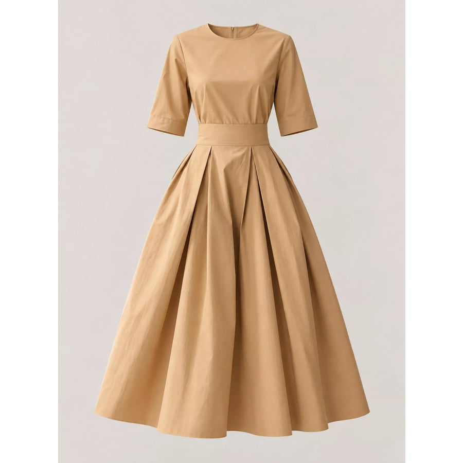 Round Neck Half Sleeve Pleated Dress Apparel and Accessories