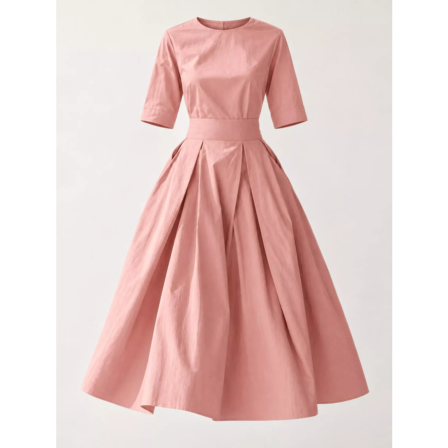 Round Neck Half Sleeve Pleated Dress Apparel and Accessories