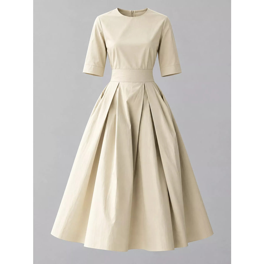 Round Neck Half Sleeve Pleated Dress Apparel and Accessories