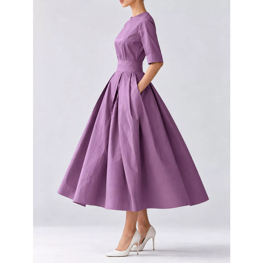 Round Neck Half Sleeve Pleated Dress Apparel and Accessories