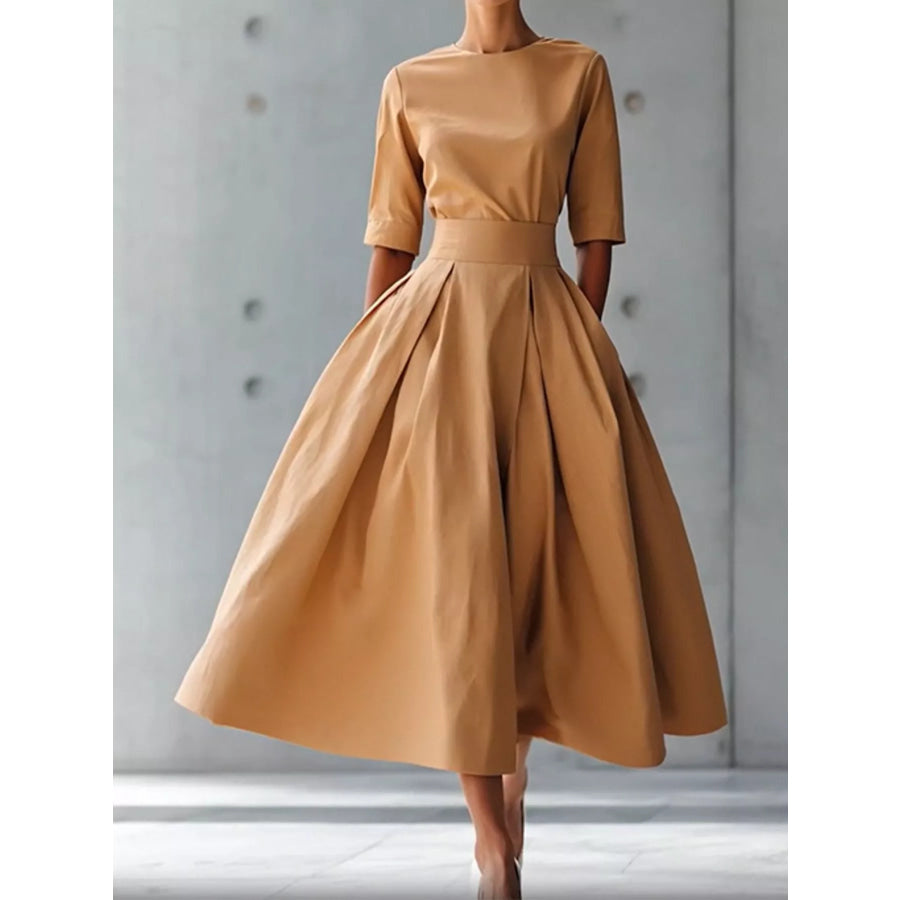 Round Neck Half Sleeve Pleated Dress Apparel and Accessories