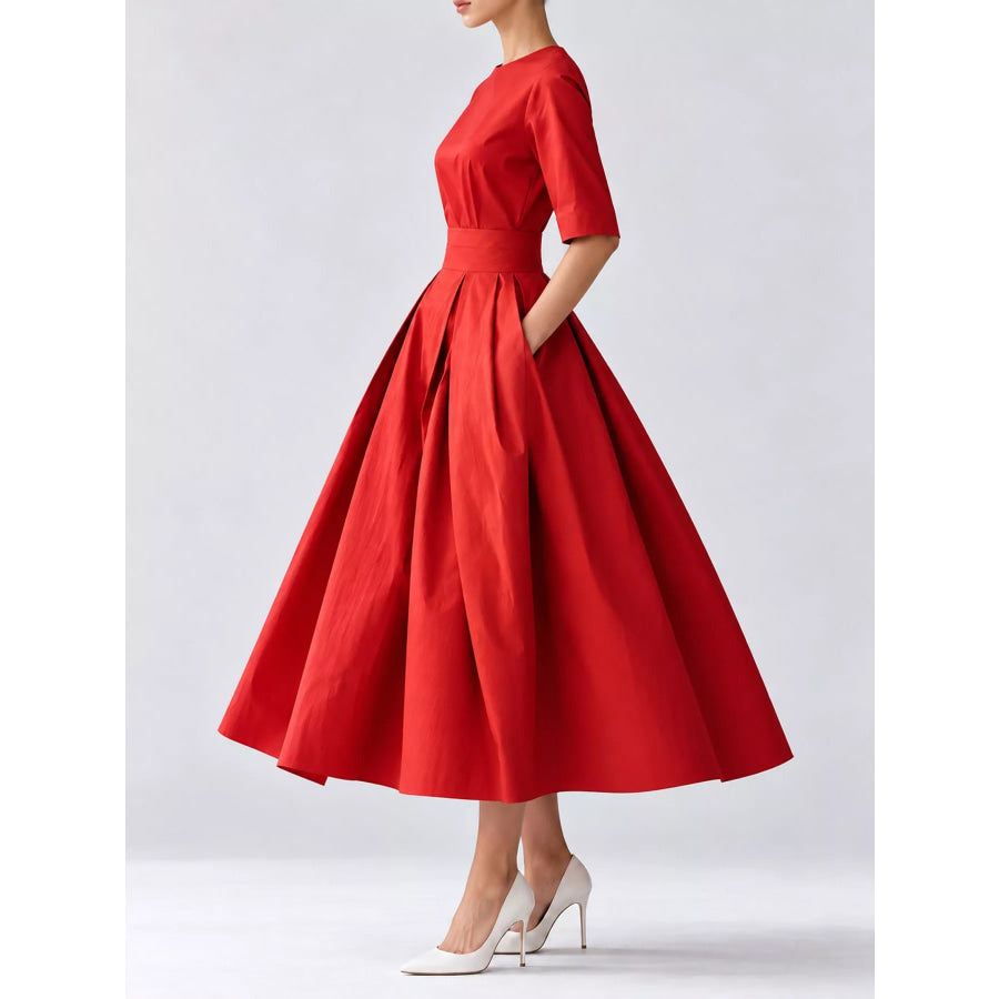 Round Neck Half Sleeve Pleated Dress Apparel and Accessories