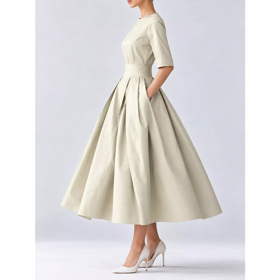 Round Neck Half Sleeve Pleated Dress Apparel and Accessories