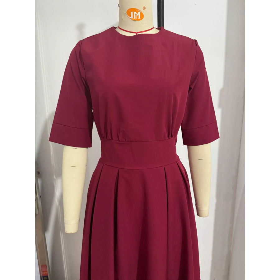 Round Neck Half Sleeve Pleated Dress Apparel and Accessories