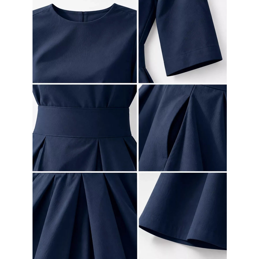 Round Neck Half Sleeve Pleated Dress Apparel and Accessories