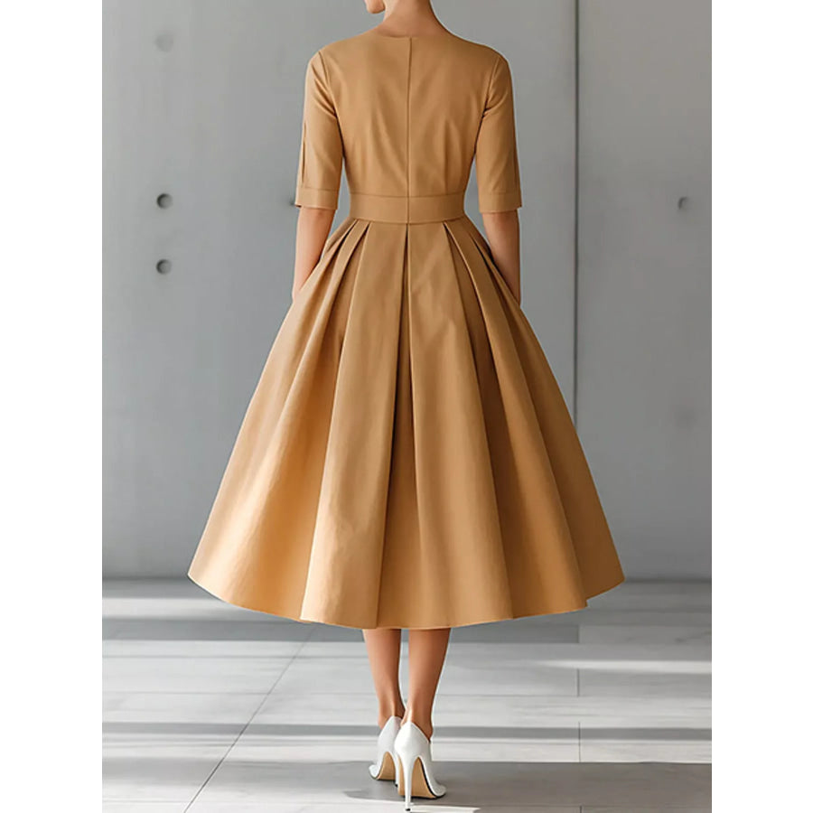 Round Neck Half Sleeve Pleated Dress Apparel and Accessories