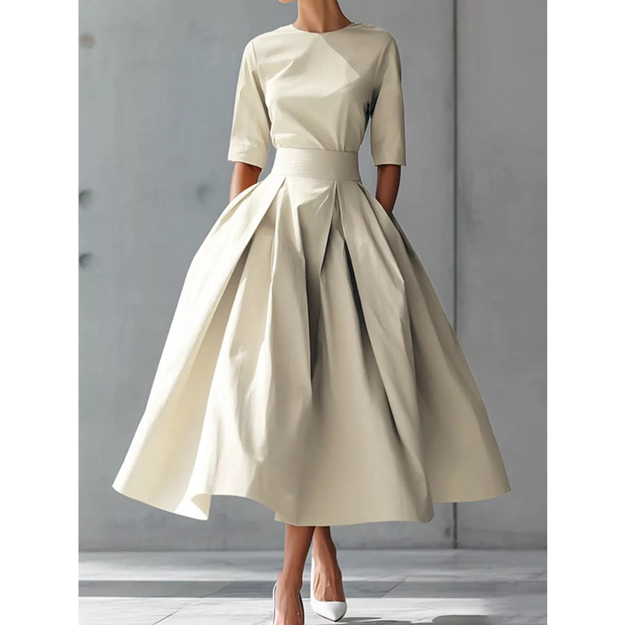 Round Neck Half Sleeve Pleated Dress Apricot / S Apparel and Accessories