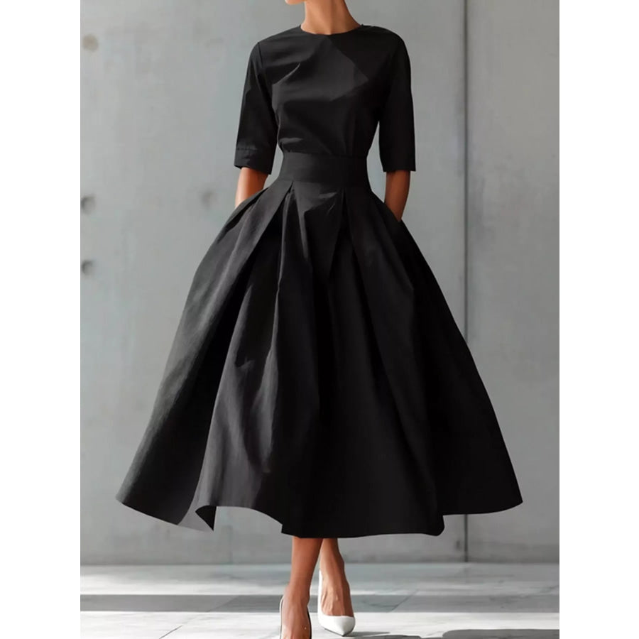 Round Neck Half Sleeve Pleated Dress Black / S Apparel and Accessories