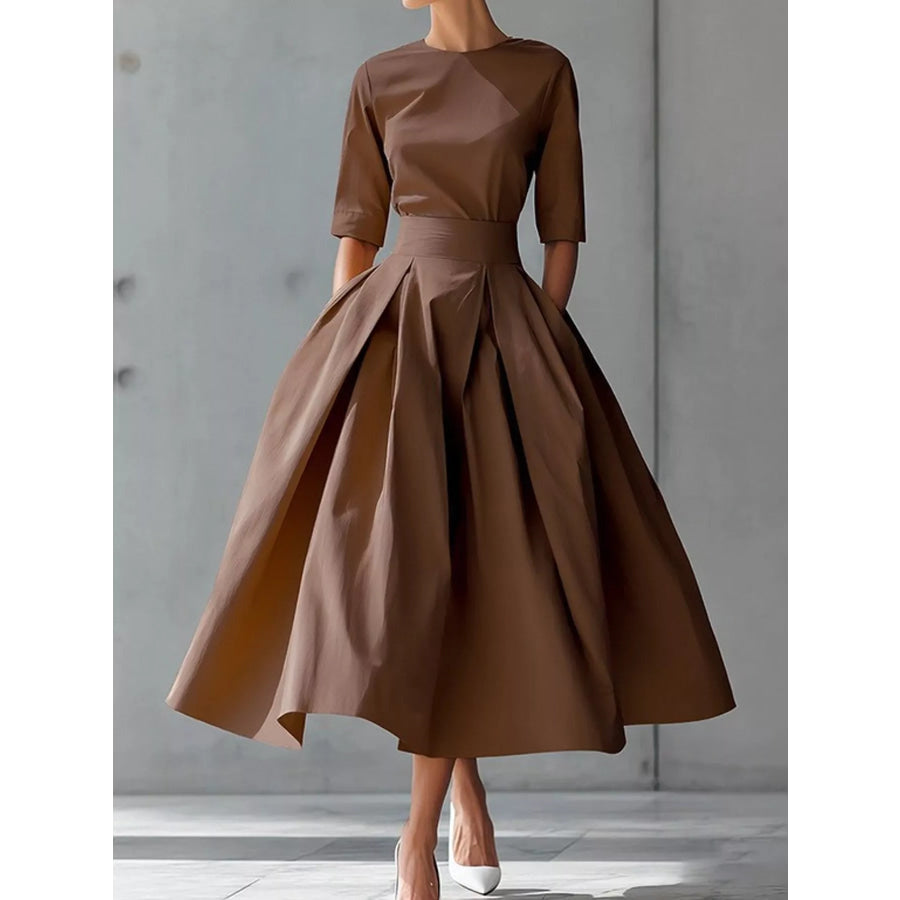 Round Neck Half Sleeve Pleated Dress Brown / S Apparel and Accessories