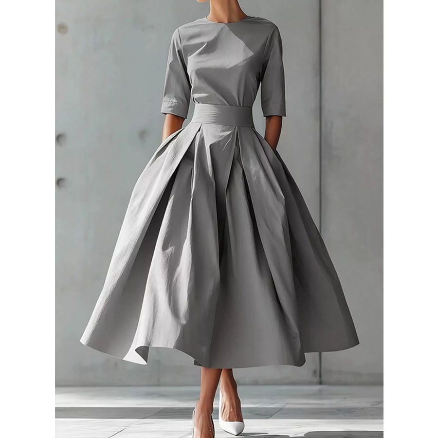 Round Neck Half Sleeve Pleated Dress Gray / S Apparel and Accessories