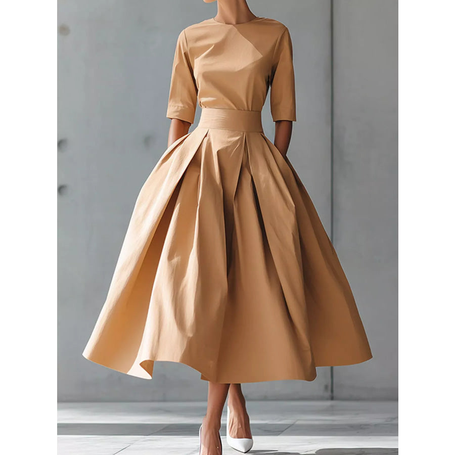 Round Neck Half Sleeve Pleated Dress Khaki / S Apparel and Accessories