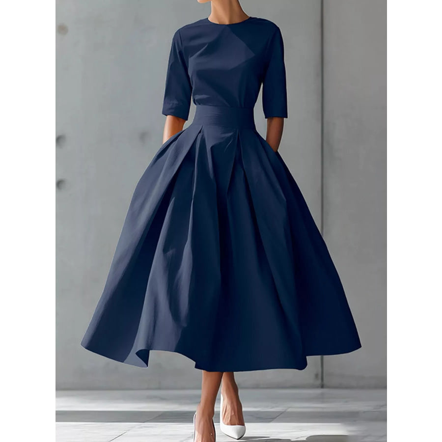 Round Neck Half Sleeve Pleated Dress Navy Blue / S Apparel and Accessories