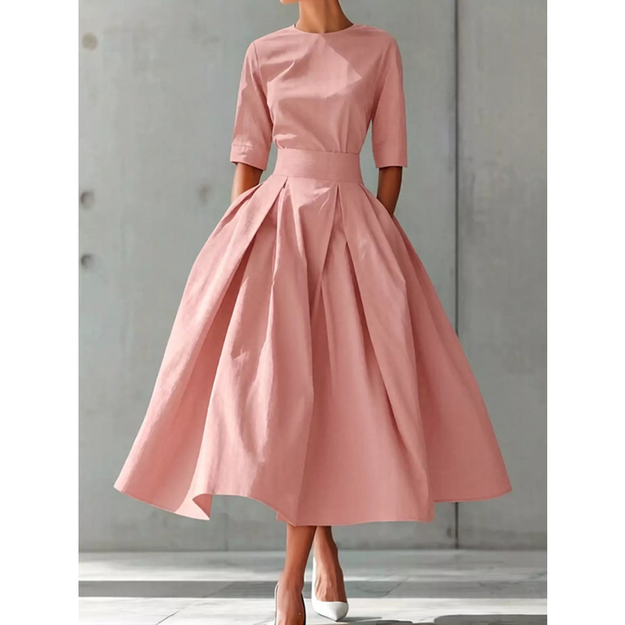 Round Neck Half Sleeve Pleated Dress Pink / S Apparel and Accessories