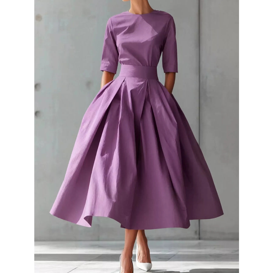 Round Neck Half Sleeve Pleated Dress Purple / S Apparel and Accessories