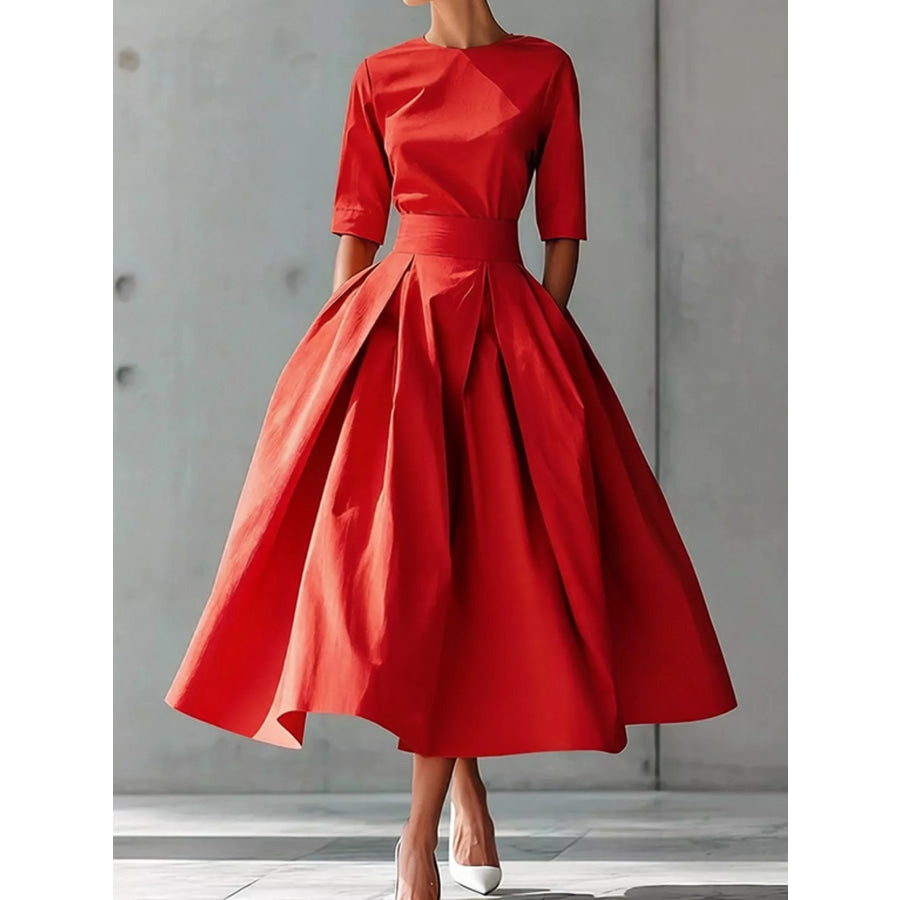 Round Neck Half Sleeve Pleated Dress Red / S Apparel and Accessories