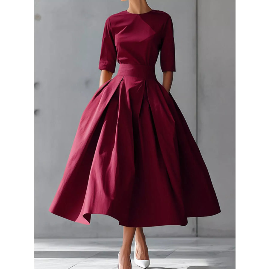 Round Neck Half Sleeve Pleated Dress Wine Red / S Apparel and Accessories