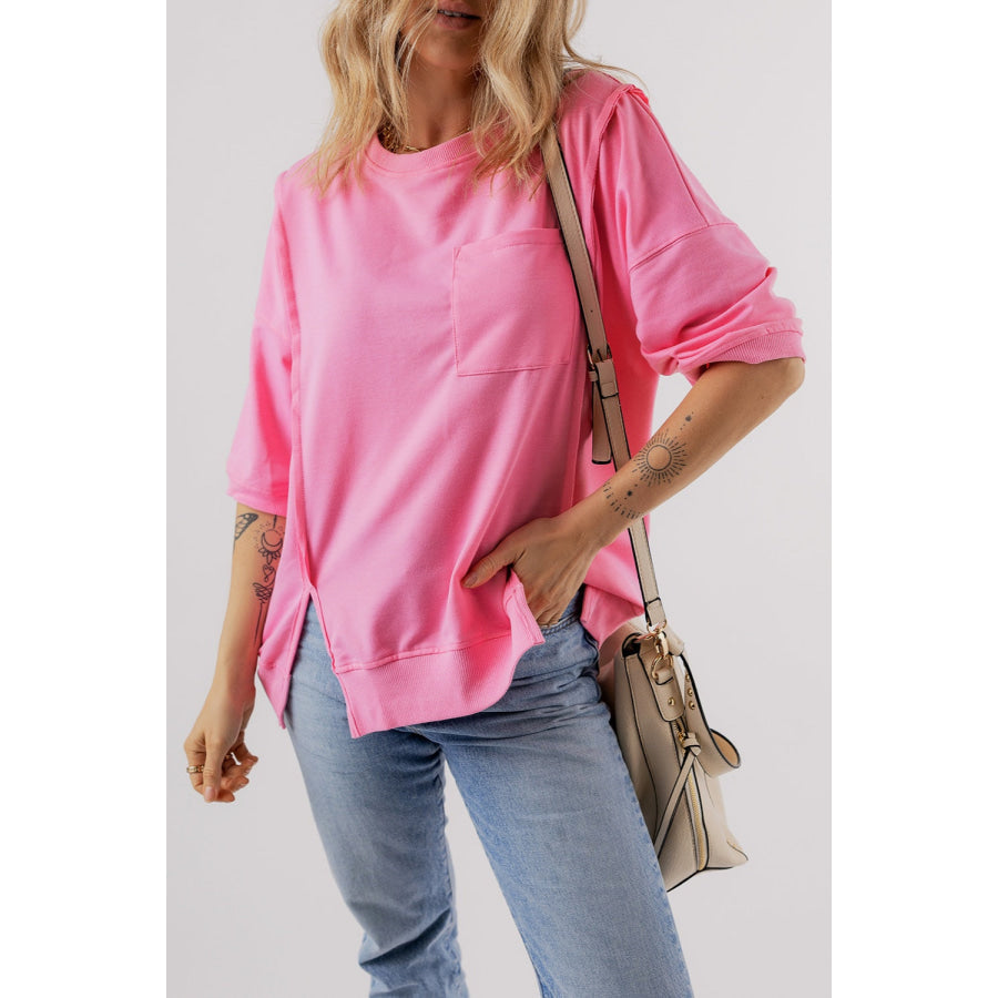 Round Neck Half Sleeve Slit T-Shirt Apparel and Accessories