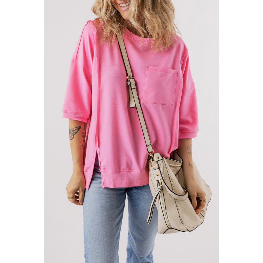 Round Neck Half Sleeve Slit T-Shirt Apparel and Accessories