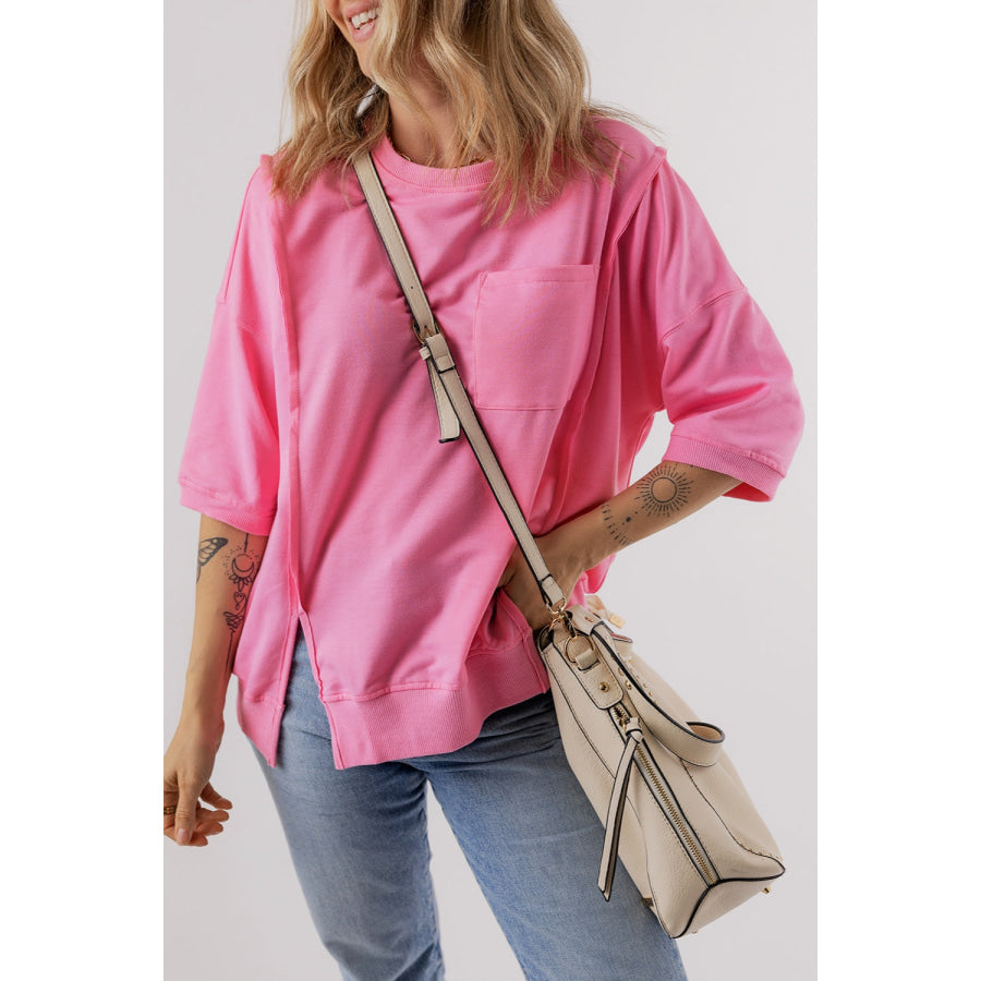 Round Neck Half Sleeve Slit T-Shirt Pink / S Apparel and Accessories