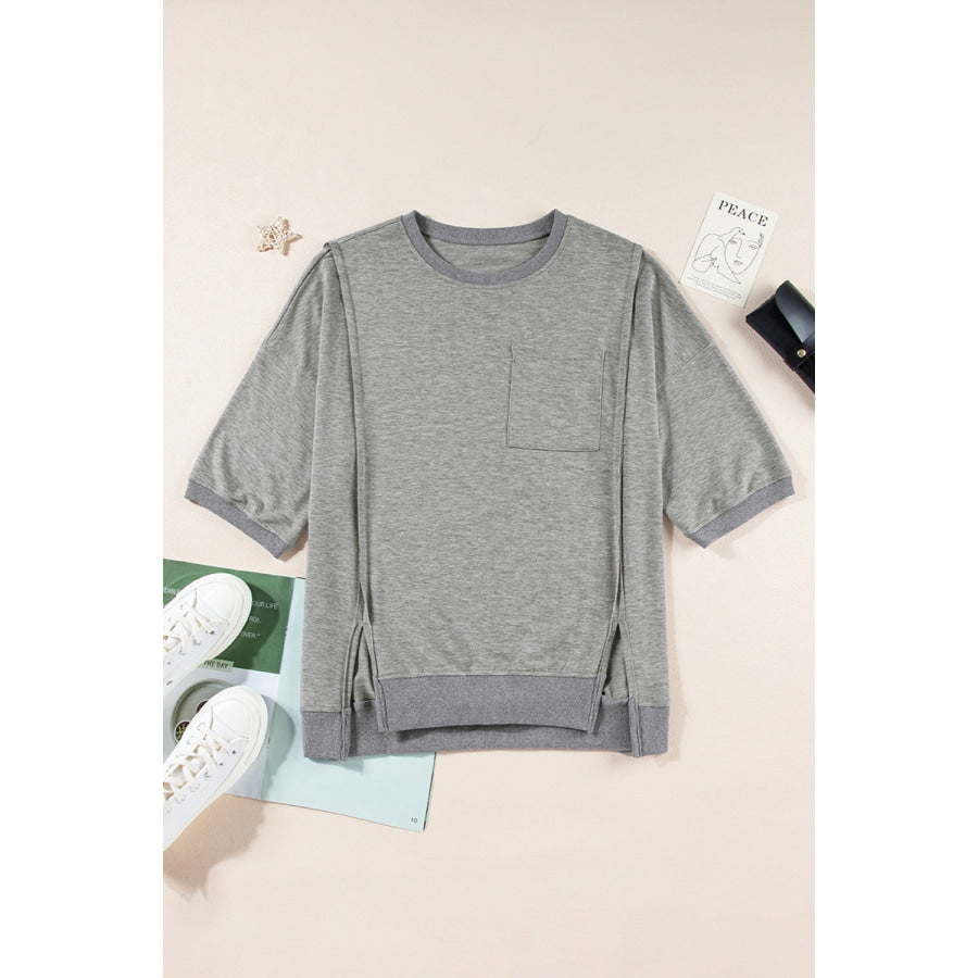 Round Neck Half Sleeve Slit T-Shirt Dark Gray / S Apparel and Accessories