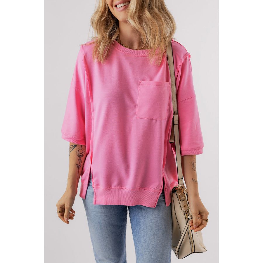 Round Neck Half Sleeve Slit T-Shirt Pink / S Apparel and Accessories
