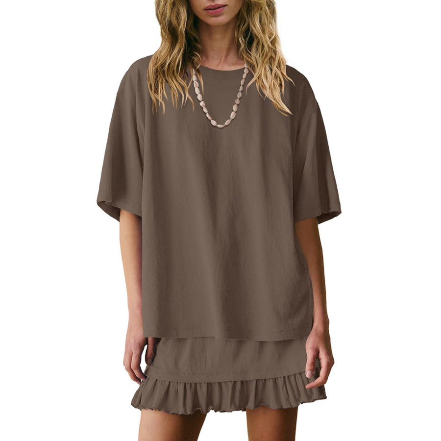 Round Neck Half Sleeve Tee and Skirt Set Brown / S Apparel Accessories