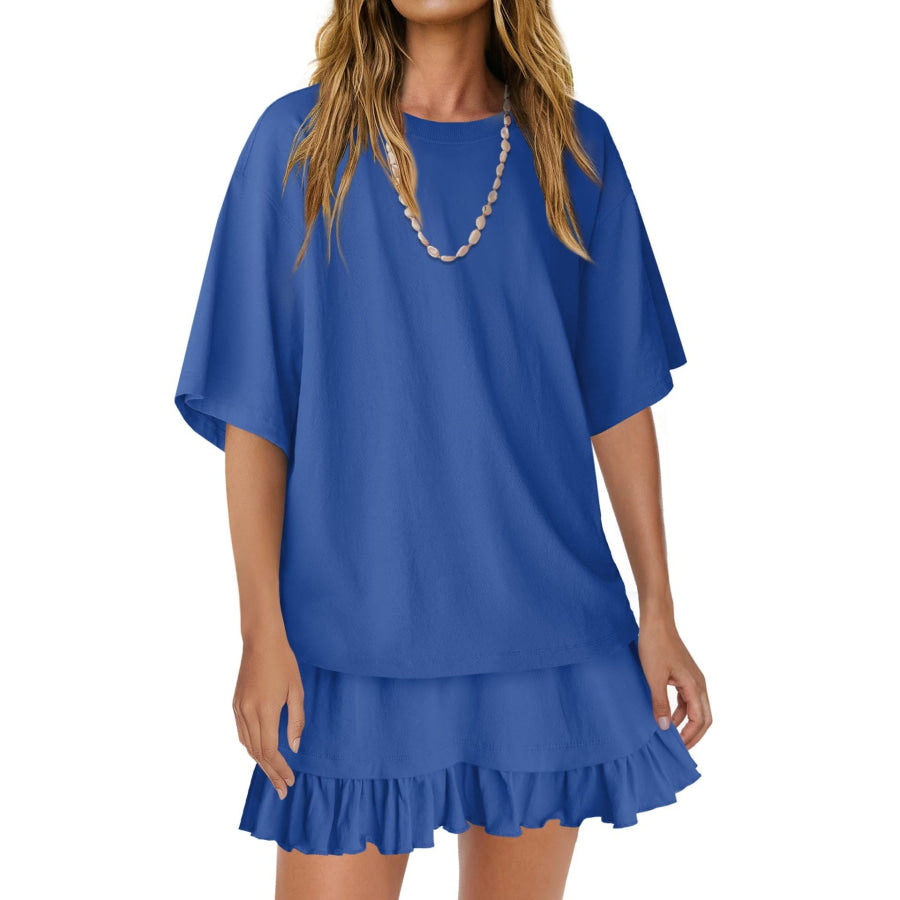 Round Neck Half Sleeve Tee and Skirt Set Sapphire Blue / S Apparel Accessories