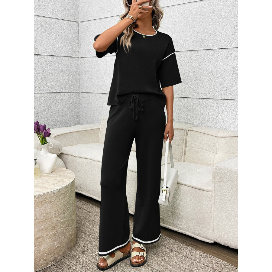 Round Neck Half Sleeve Top and Pants Set Black / S Apparel and Accessories